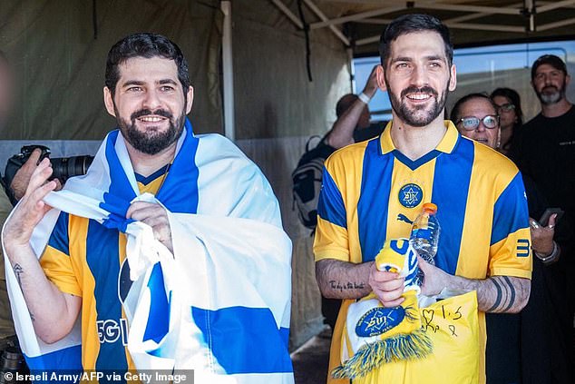 This handout picture released by the Israeli army shows released Israeli hostage Ziv (L) and Gali (R) Berman, two of the former captives in Gaza since the 2023 October 7 attacks by Palestinian militants