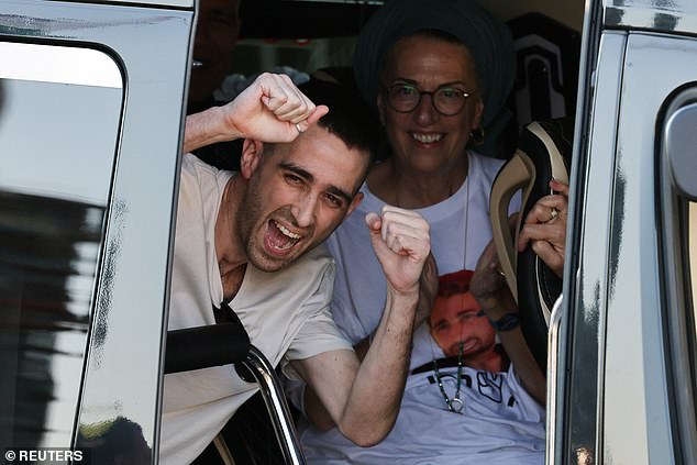 Released hostage Avinatan Or, who was kidnapped during the deadly October 7, 2023 attack by Hamas and taken to Gaza, upon arrival at Rabin Medical Centre-Beilinson Hospital