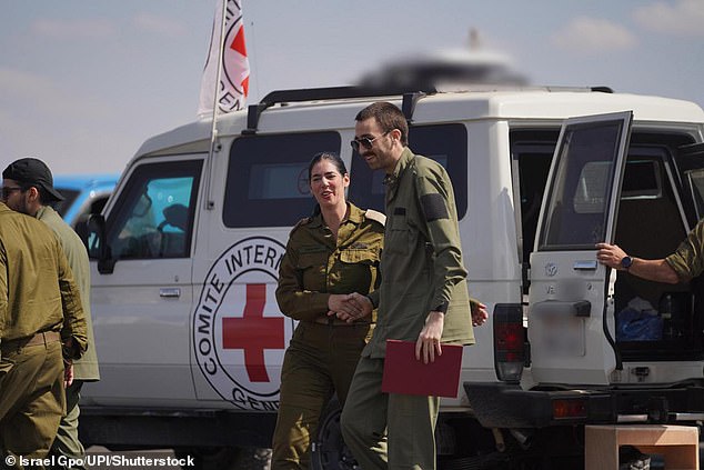 Returned hostage Avinatan Or with IDF representatives after his release from captivity on Monday, October 13, 2025, after spending more than two years in Hamas captivity