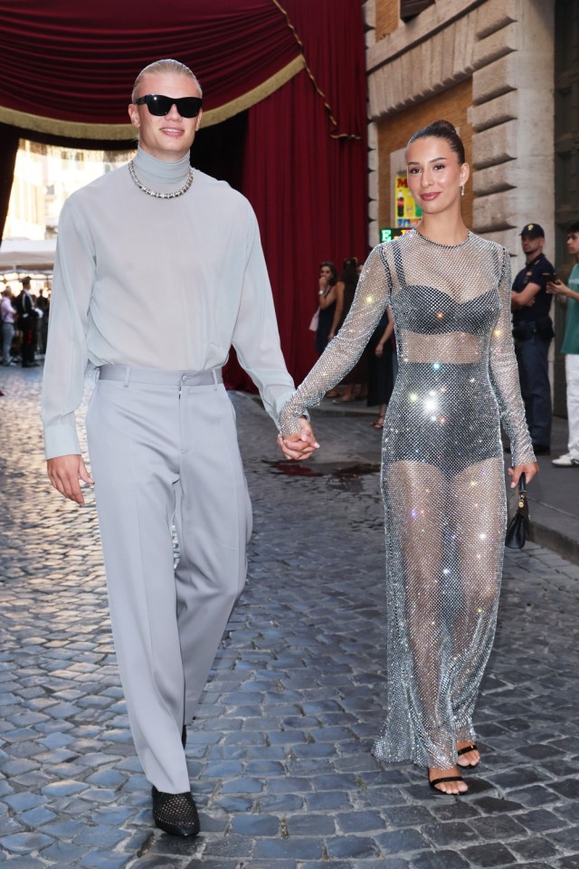 ROME, ITALY - JULY 15: Erling Haaland and Isabel Haugseng Johansen are seen outside the Dolce & Gabbana Alta Sartoria fashion show at Castel Sant'Angelo on July 15, 2025 in Rome, Italy. (Photo by Ernesto Ruscio/GC Images)