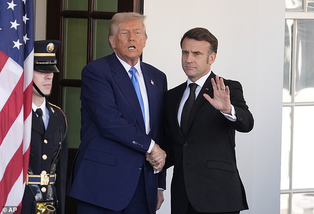 Trump greets French president Macron in February and the pair shake hands for 12 seconds