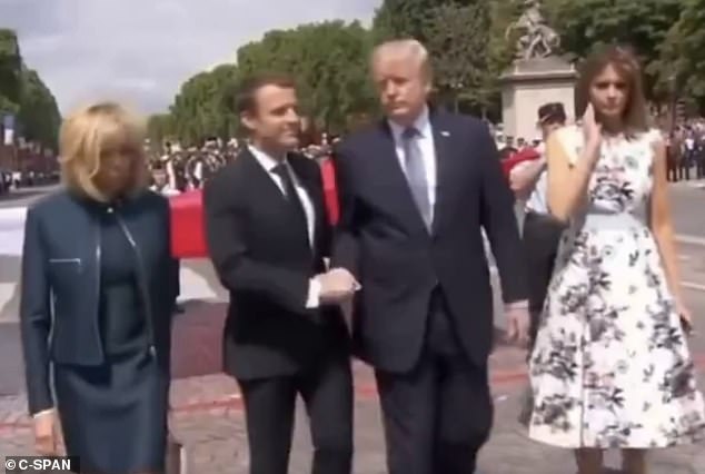 Macron and Trump pictured during an awkward handshake in July 2017