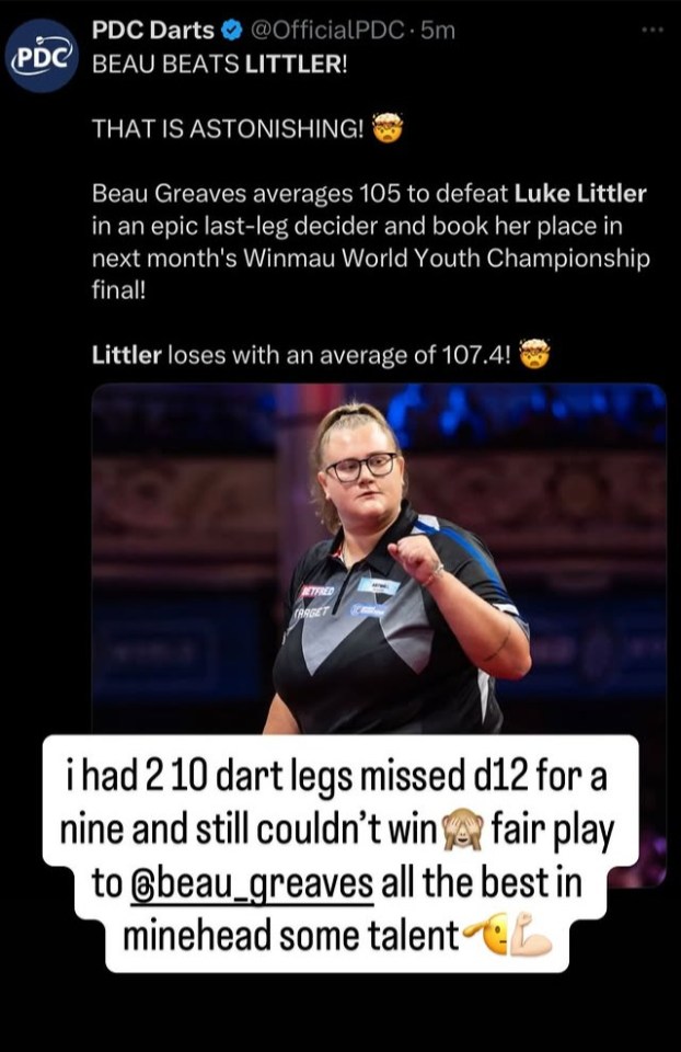 Screenshot of a tweet from PDC Darts announcing Beau Greaves defeated Luke Littler, and a subsequent comment from Luke Littler congratulating Beau Greaves.