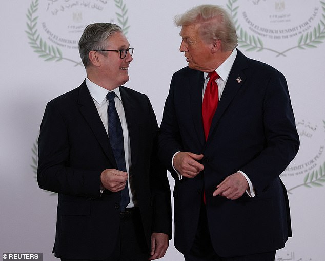 The Prime Minister was among those who lined up for pictures with the US President after Mr Trump oversaw a Middle East ceasefire agreement.