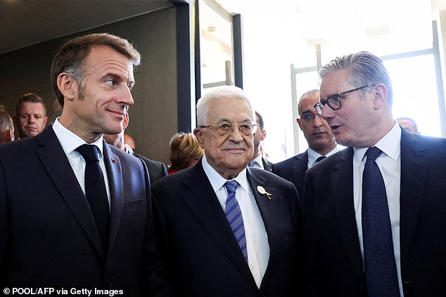 Sir Keir (right) met Emmanuel Macron (left) and Mahmud Abbas (centre) in Sharm el-Sheikh today