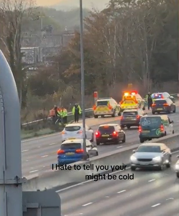 Food delivery cyclist stopped by police on a highway.