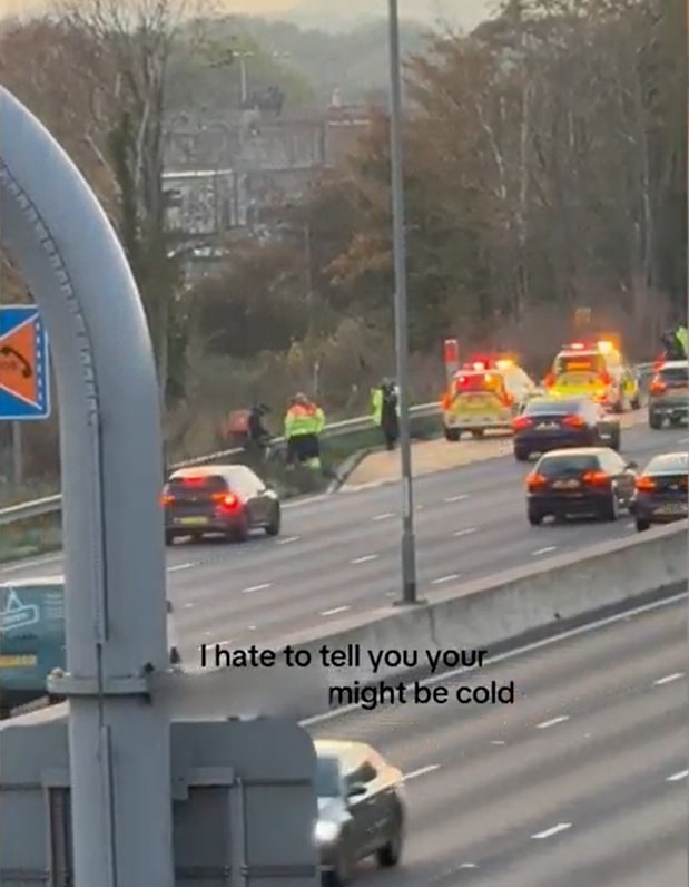 Police berating a food delivery cyclist on the M4.