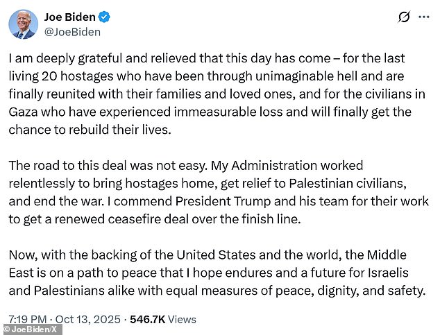 Biden's praise came in the form of an X post on Monday evening