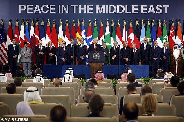 US President Donald Trump speaks during a world leaders' summit on ending the Gaza war, amid a US-brokered prisoner-hostage swap and ceasefire deal between Israel and Hamas, in Sharm el-Sheikh, Egypt, October 13, 2025