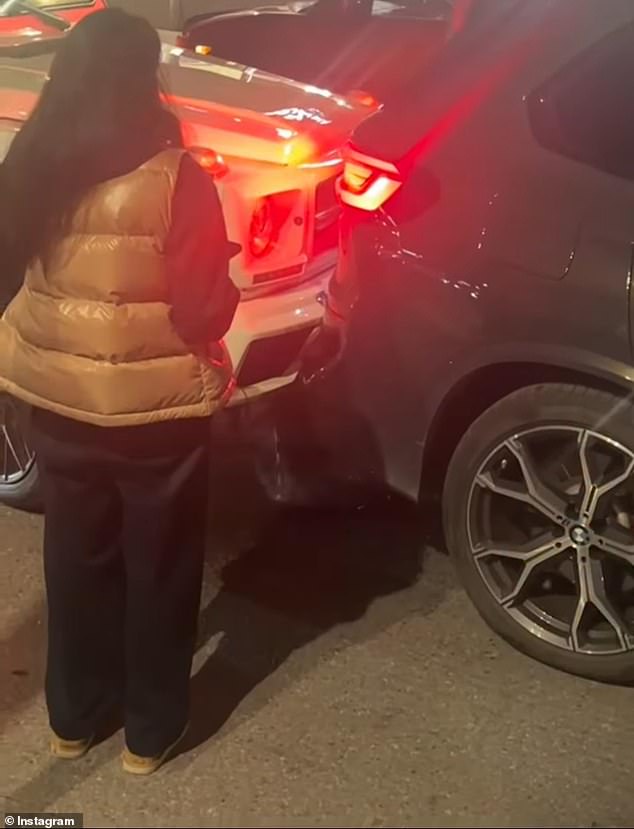 Footage from the scene, obtained by pop-culture outlet 6ixBuzz TV and shared on Sunday, shows the woman's luxury SUV smashed into the back of the grey BMW X5 in front of it