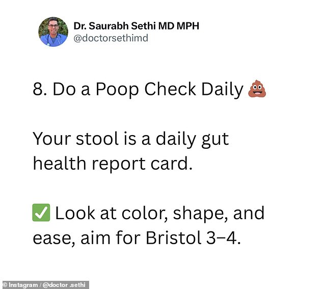 In the recent post, he said to carry out a stool check daily, which can tell a lot about your gut health
