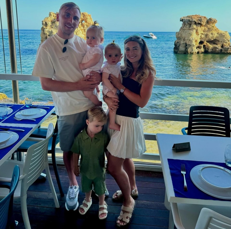 Dani Dyer and Jarrod Bowen with their three children on a family holiday.