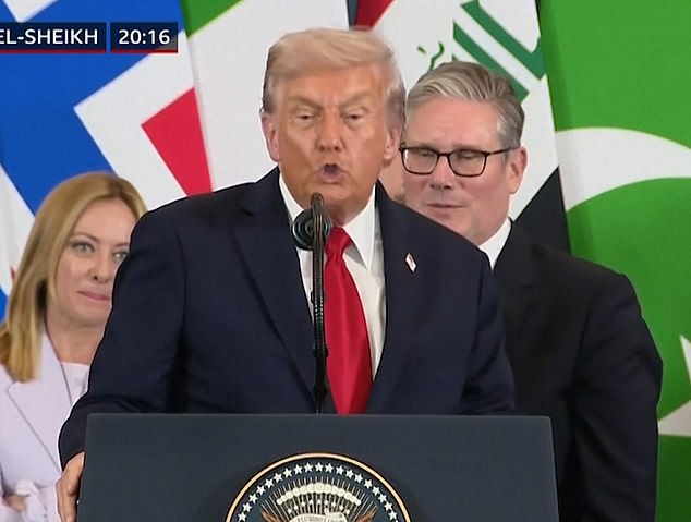 In an awkard moment, the Prime Minister was not allowed his moment in the spotlight, as Mr Trump stepped in front and continued speaking