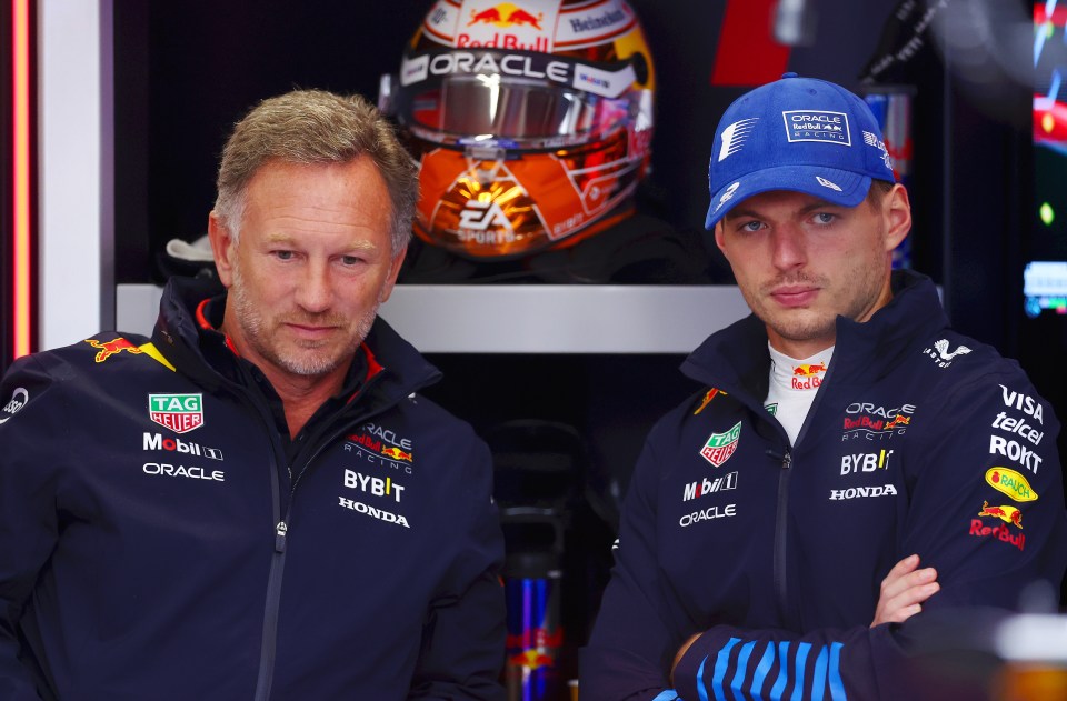 Max Verstappen and Christian Horner in the garage during practice for the F1 Grand Prix of Netherlands.