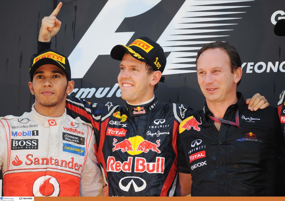 Lewis Hamilton, Sebastian Vettel, and Christian Horner after the Korean Grand Prix.
