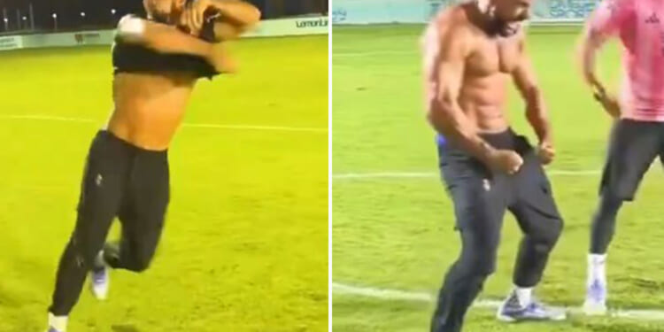 Lionel Messi's bodyguard whips top off after scoring screamer... but fans catch him 'remembering he might get fired'