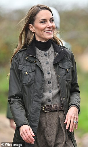 Kate opted for a brown skirt and grey jumper, teamed with a stylish green jacket and a pair of shamrock earrings for her second engagement of the action-packed day