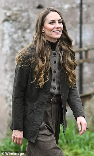 Kate opted for a brown skirt and grey jumper, teamed with a stylish green jacket and a pair of shamrock earrings for her second engagement of the action-packed day