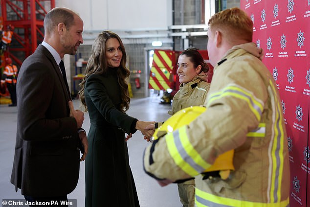 The Prince and Princess of Wales speak with firefighters during a visit to the Northern Ireland Fire and Rescue Service Learning and Development College near Cookstown, Co Tyrone