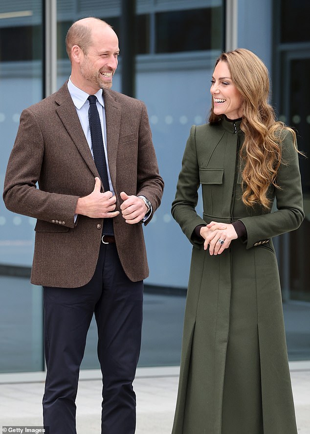 Before leaving, the couple (pictured) were presented with three red 'Bump' caps for Prince George, Princess Charlotte and Princes Louis – baseball caps with a reinforced inner layer usually worn to tackle wildfires