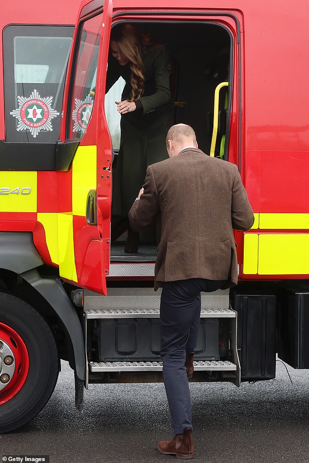 The Prince and Princess rode in a fire truck and watched trainee firefighters take part in drills