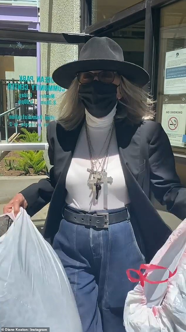 Keaton shared videos of her donating bags of items to The People Concern during the pandemic