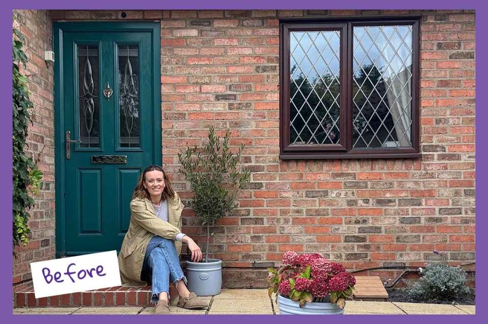 Stephanie sitting on the steps of her home before the front door makeover.