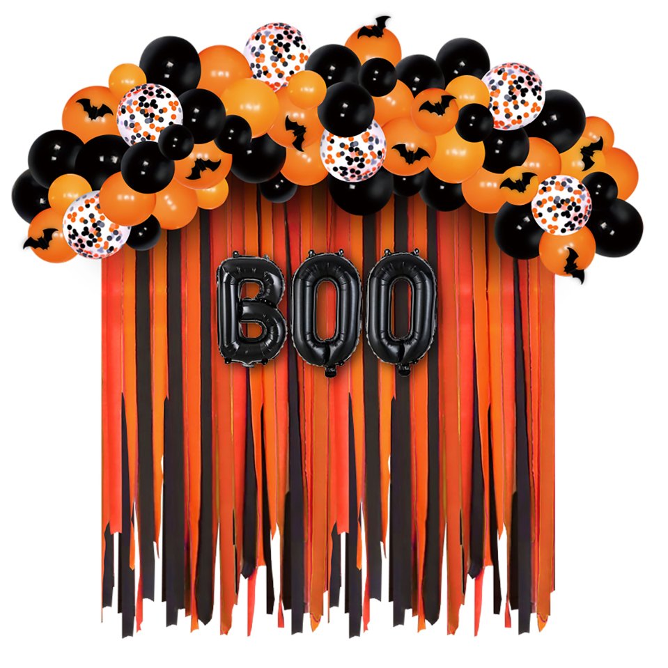 Halloween party decorations with black and orange balloons, including some with bat cutouts and confetti, over black and orange streamers, with black "BOO" balloons.