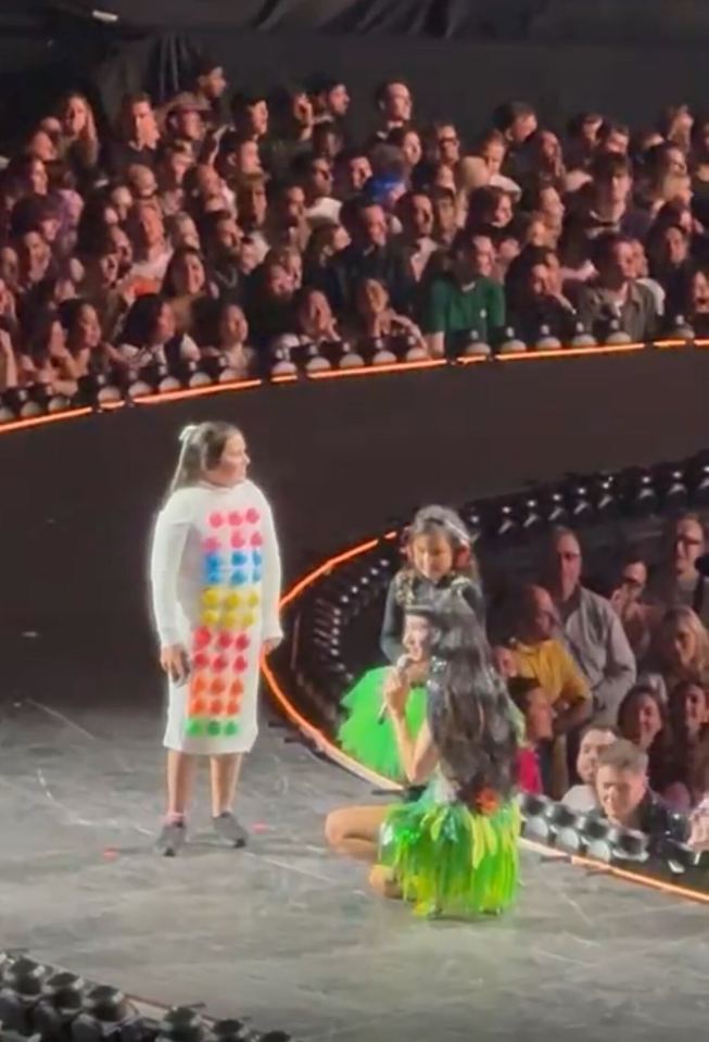 Katy Perry kneels on stage and sings to a fan.