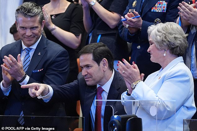US Secretary of State Marco Rubio (C) is recognized by President Donald Trump as he speaks at the Israeli parliament, the Knesset, in Jerusalem on Monday