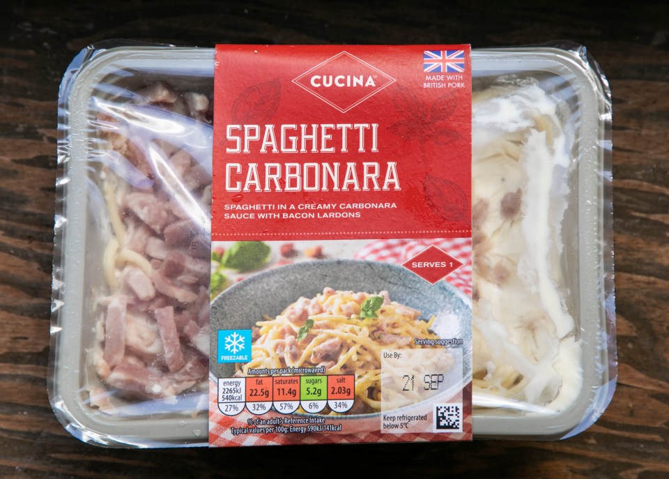 Aldi Cucina Spaghetti Carbonara in its packaging.