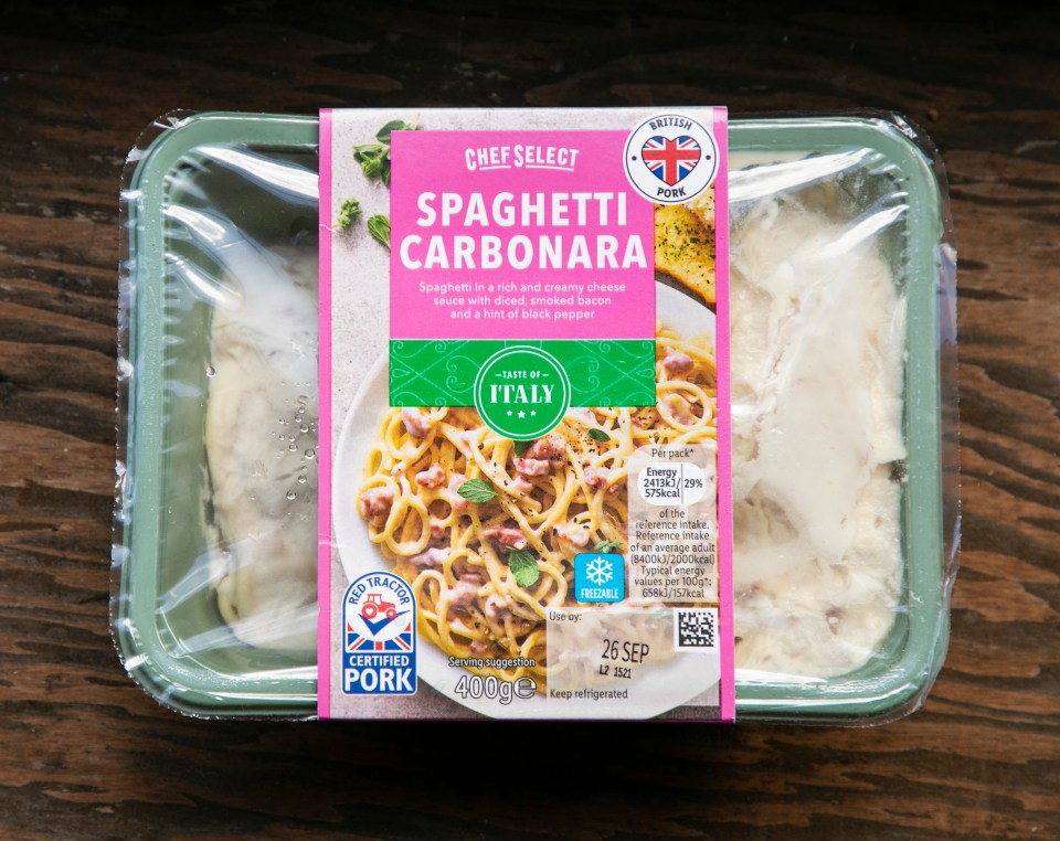 Chef Select Spaghetti Carbonara from Lidl, a refrigerated ready meal for two, with a serving suggestion of spaghetti on the label.
