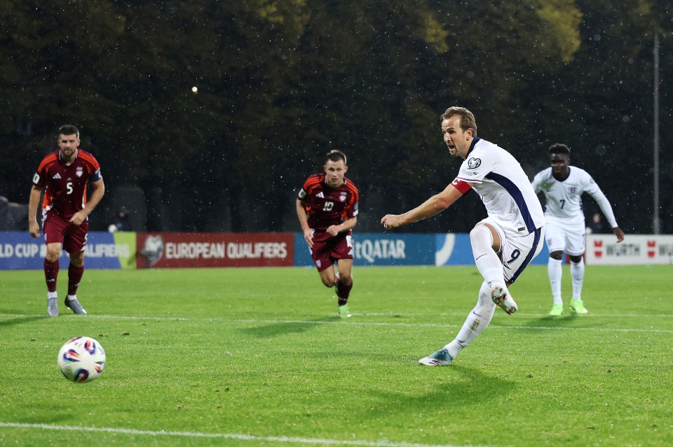 Harry Kane of England scores his team's third goal from the penalty spot.