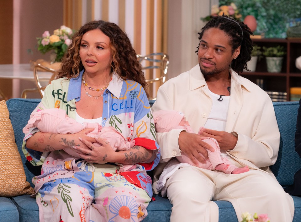 Jesy Nelson and Zion Foster holding their baby girls, Ocean Jade and Story Monroe, on the 'This Morning' TV show.