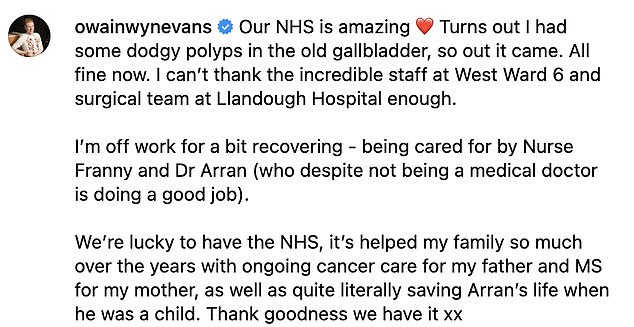 In the accompanying caption, he explained he was being looked after by his husband Arran Rees and issued a heartfelt tribute to the NHS