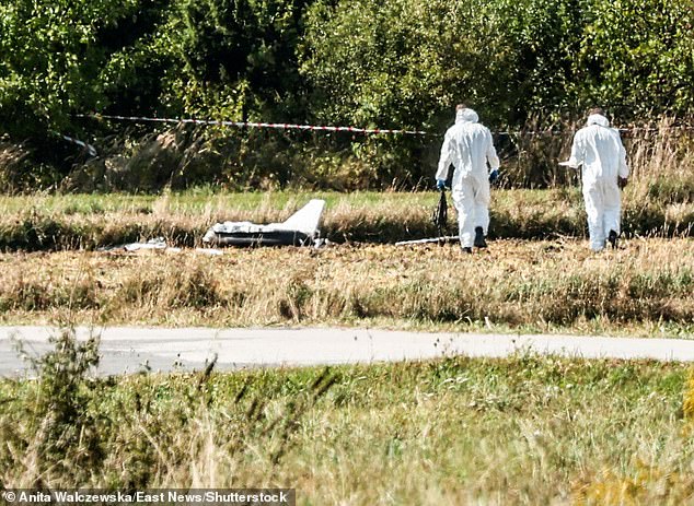 Parts of discovered drone are seen in the village of Mniszkow in central Poland, where one of the Russian drones that breached Polish airspace was discovered on September 10, 2025