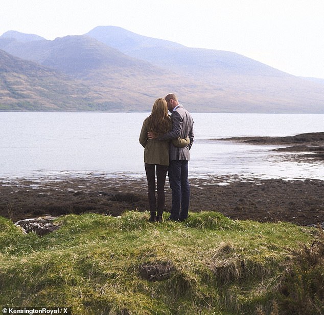 The romantic picture was posted on the couple's official Kensington Royal social media accounts and showed the Prince and Princess of Wales lovingly holding each other as they enjoyed a quiet moment at dusk in Tobermory