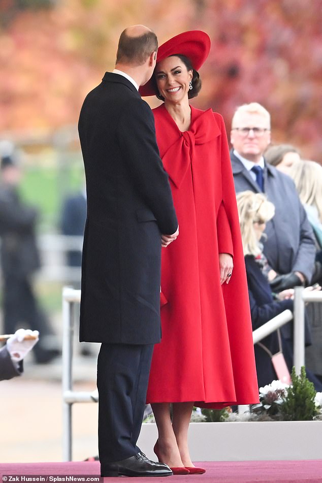 Earlier in the day, Kate and William travelled with Mr Yoon and Mrs Kim to a Horse Guards Parade ceremonial welcome, where the King and Queen were waiting. Kate donned a beaming smile as she looked on lovingly at her husband