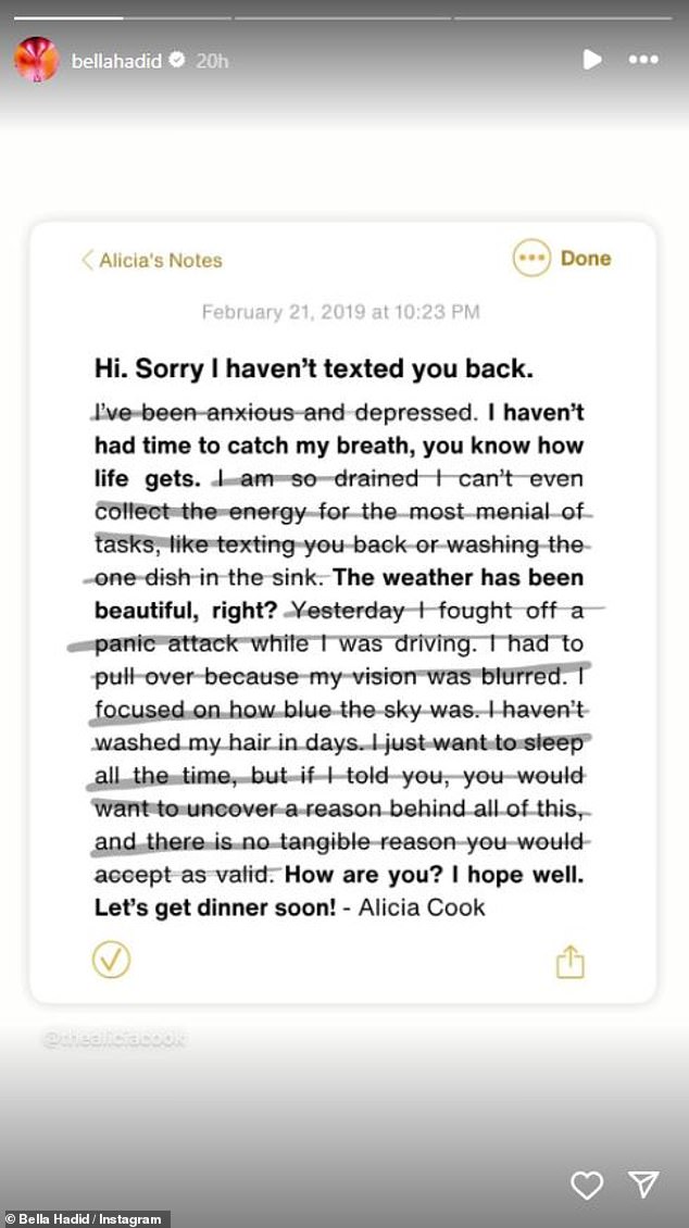 The model shared an Instagram Story post on Monday hinting at her proclivity to ignore text messages due to depression and anxiety