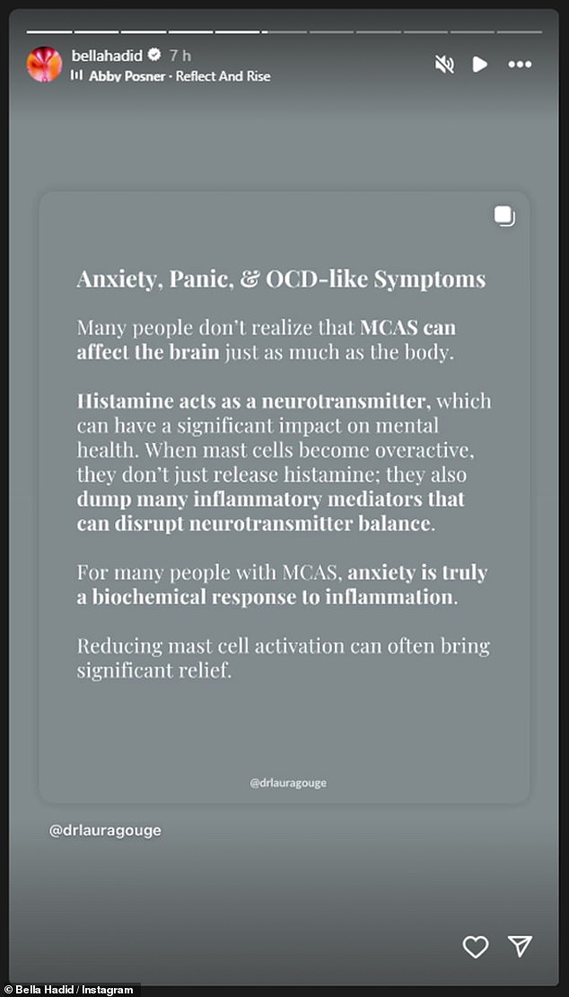 The model posted an infographic to her Instagram Story on Monday about mast cell activation syndrome (MCAS), a chronic disease of the immune system