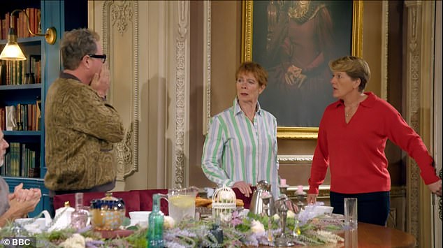 Tensions ran high in the castle after the latest murder (Alan, Celia Imrie and Clare Balding pictured)