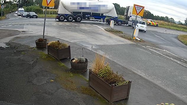 The series of clips, exclusively obtained by the Daily Mail, at the Llynclys crossroads, on the England and Wales border, show a car being spun after being hit by a lorry