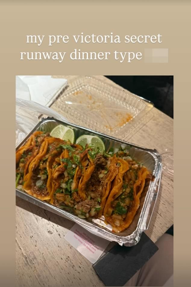 Iris also revealed her 'pre Victoria Secret runway dinner' as she snapped a picture of five delicious tacos