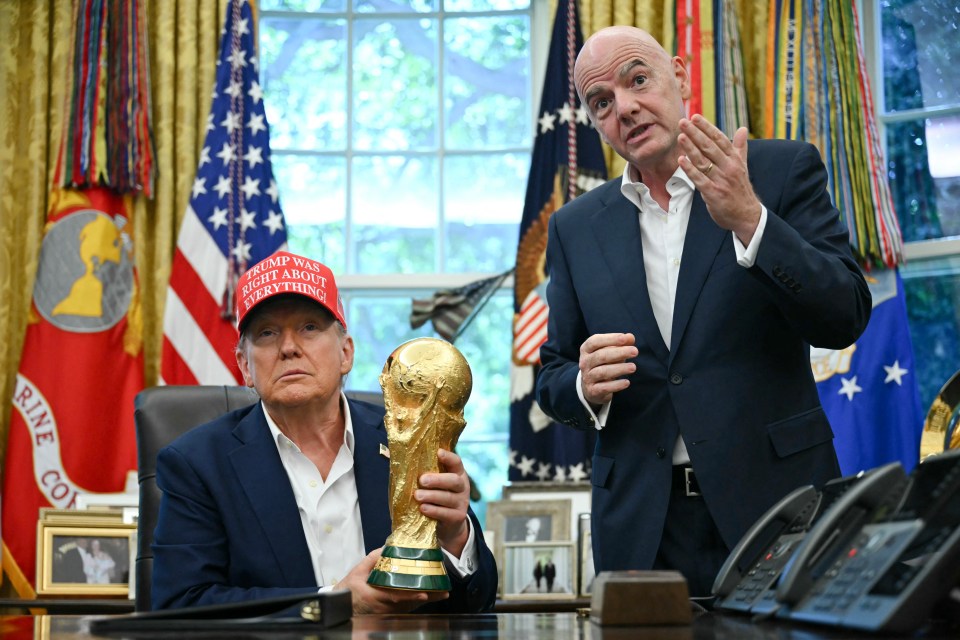 Donald Trump and Gianni Infantino with the World Cup trophy.
