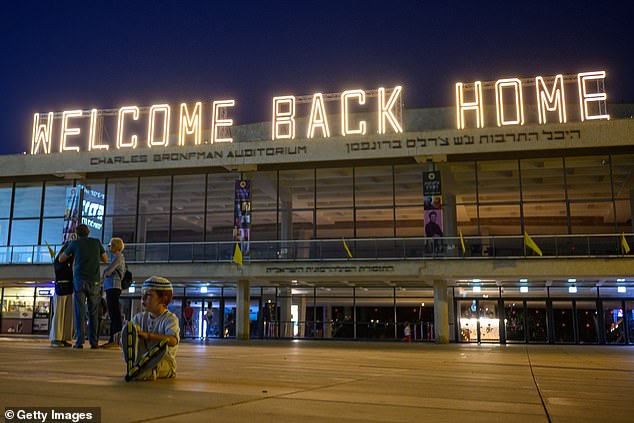 'Welcome Back Home' sign is seen in Habima Square on October 14, 2025 in Tel Aviv, Israel