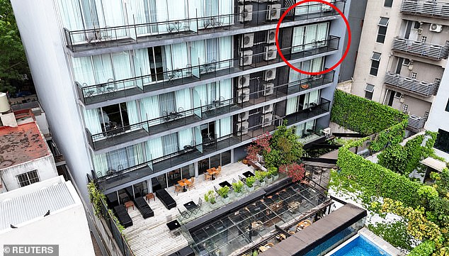 A drone view shows the balcony on the CasaSur Hotel from where Payne fell to his death
