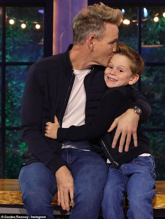The celebrity chef, 58, shared a series of sweet snaps on his Instagram on Wednesday as his son Oscar joined him on set while he filmed his show, Next Level Chef