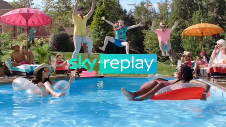 A group of people enjoying a pool party with "sky replay" text overlay.