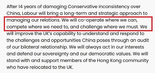 This was which is an almost word-for-word repetition of Labour's attitude to China set out in its 2024 election manifesto (above)