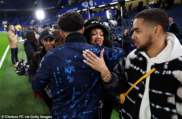 Saweetie (hugging Sancho) and Mayy attended Chelsea's 2-2 draw vs Bournemouth at Stamford Bridge last term - a game which the forward started in while on loan from Man United